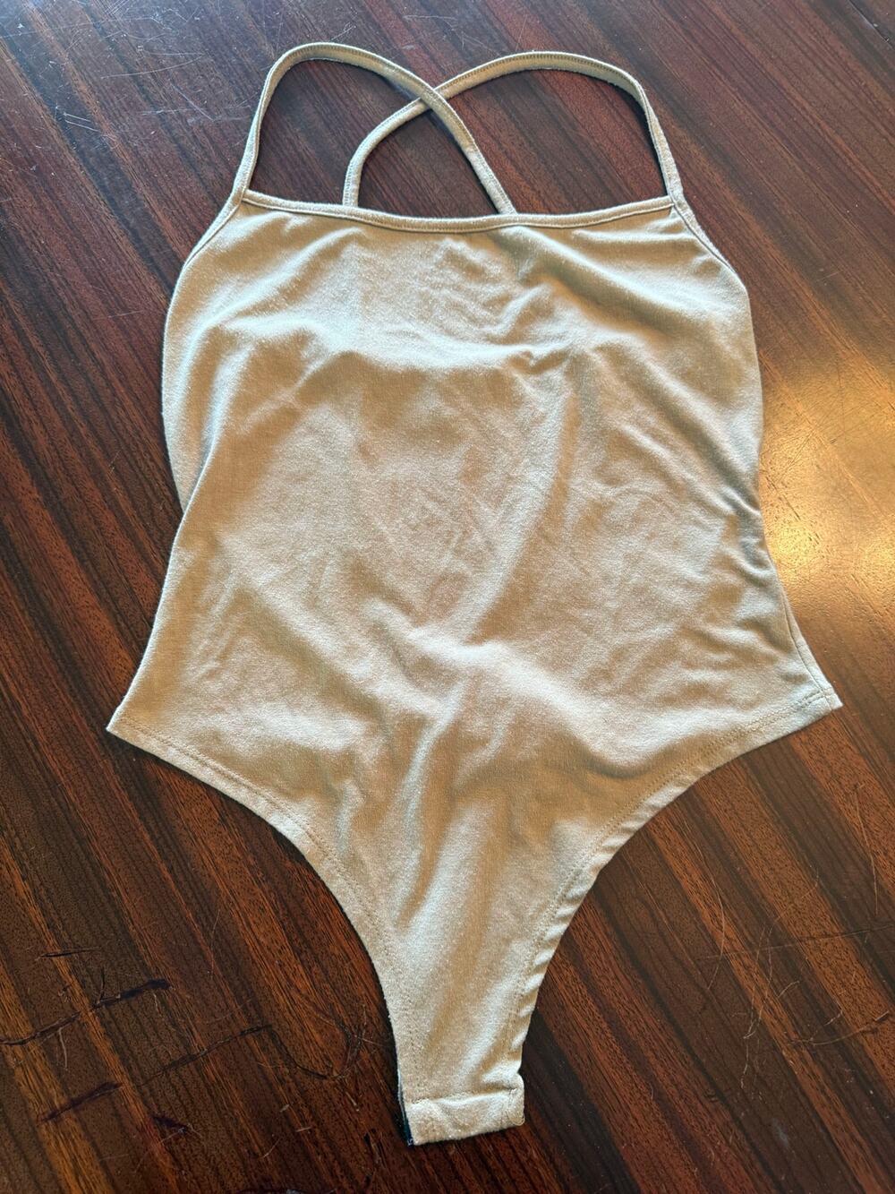 Pretty Little Thing Taupe Brown Criss-Cross Spaghetti Strap Stretchy Bodysuit 8